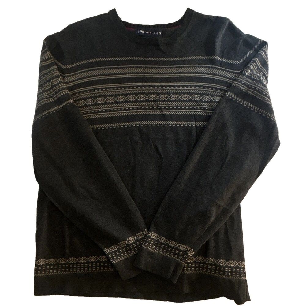 Tommy Hilfiger Men’s XL Gray Fair Isle Crewneck Cotton Knit Pullover Sweater